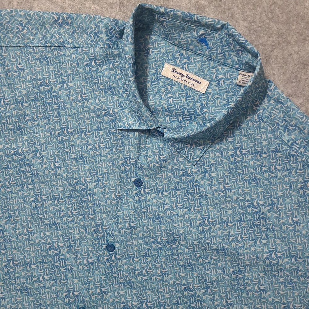 Tommy Bahama Button Down Mens 2XLB Blue Short Sleeve Bahama Coast Stretch Print